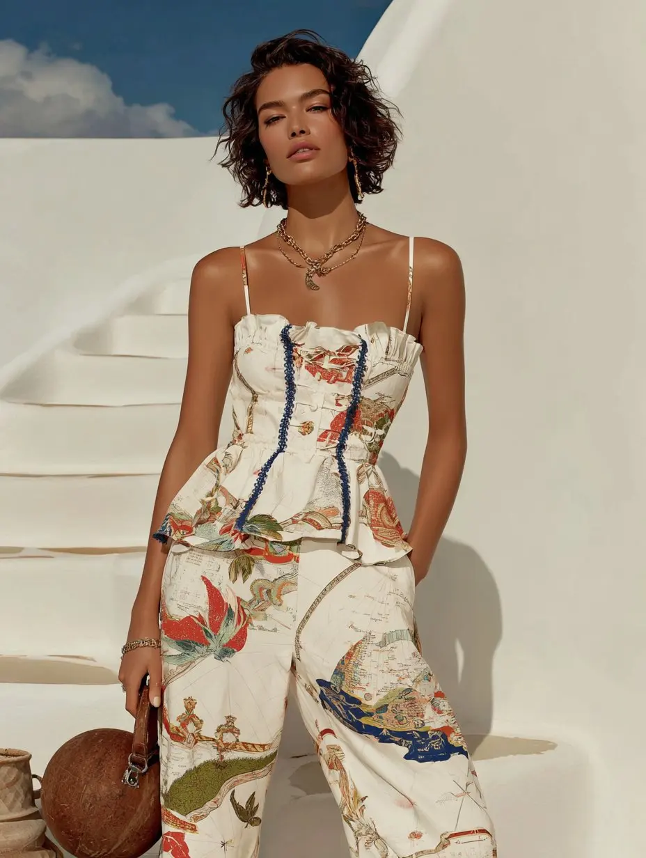 

Mia Muse Select Autumn Sets 2025 Women's Full Print Spaghetti Strap Sweetheart Neck Tanks Full Length Pants Daily Sets