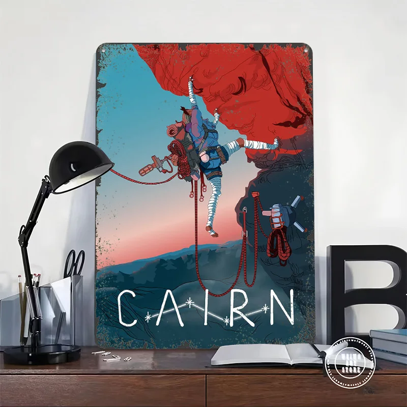 Climber Ascending Red Rock Face Cairn Game 3D Printed Texture Poster Personalized Wall Art Retro Metal Tin Signs for Coffee Bar