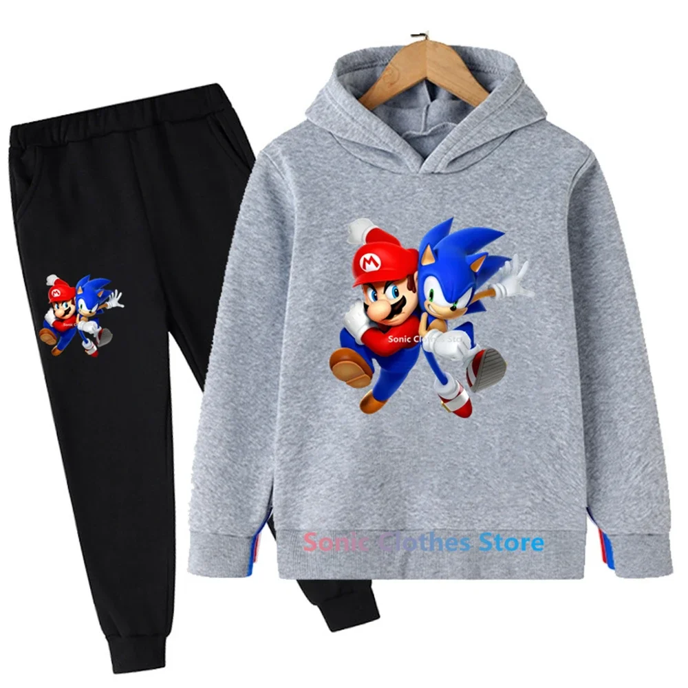 Nowe ubrania dla dzieci chłopcy dziewczęta Sonic bluza z kapturem zestaw 2 szt. Zestawy wiosna jesień maluch Cartoon z kapturem + spodnie dres 3-14y