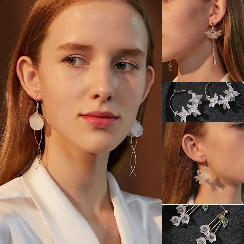 Trendy White Acrylic Flower Drop Earrings For Women Jewelry Tassel Crystal Pendant Earings Korean Fashion Wedding Earrings 2024