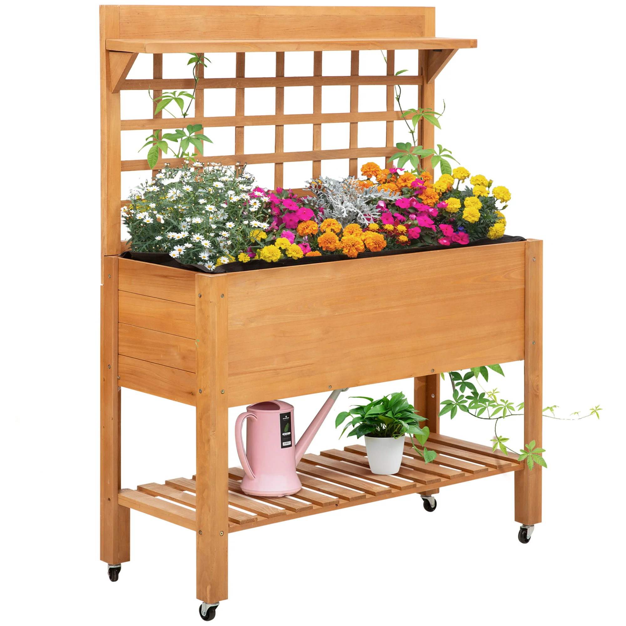 41'' Raised Garden Bed Mobile Elevated Wooden Planter Box Stand with Wheels, Trellis and Storage Shelf, Brown