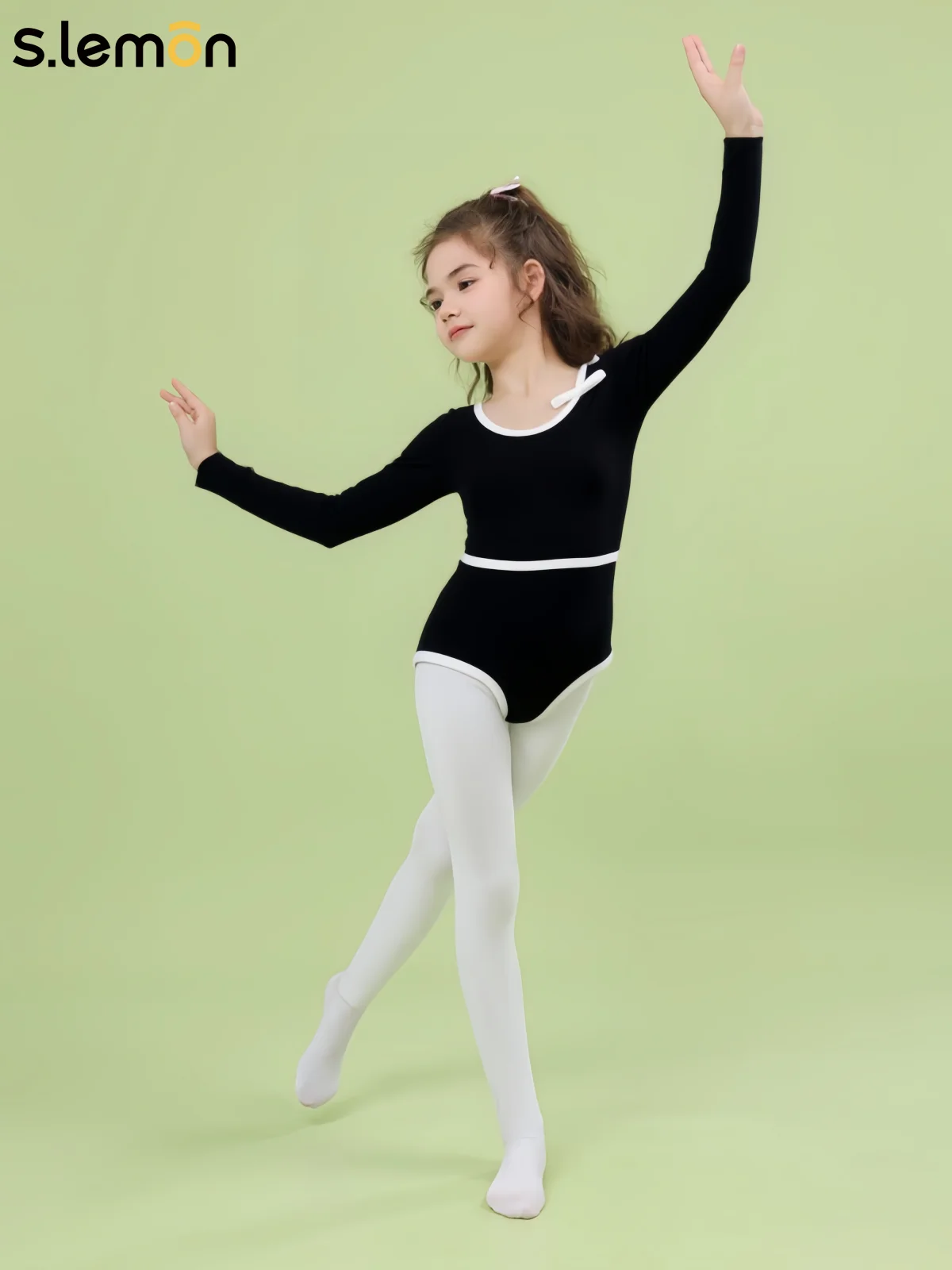 

Детский балетный трико S.lemon с бантом, украшение из хлопка и спандекса для девочек, танцевальный комбинезон с длинными рукавами и вырезом сзади