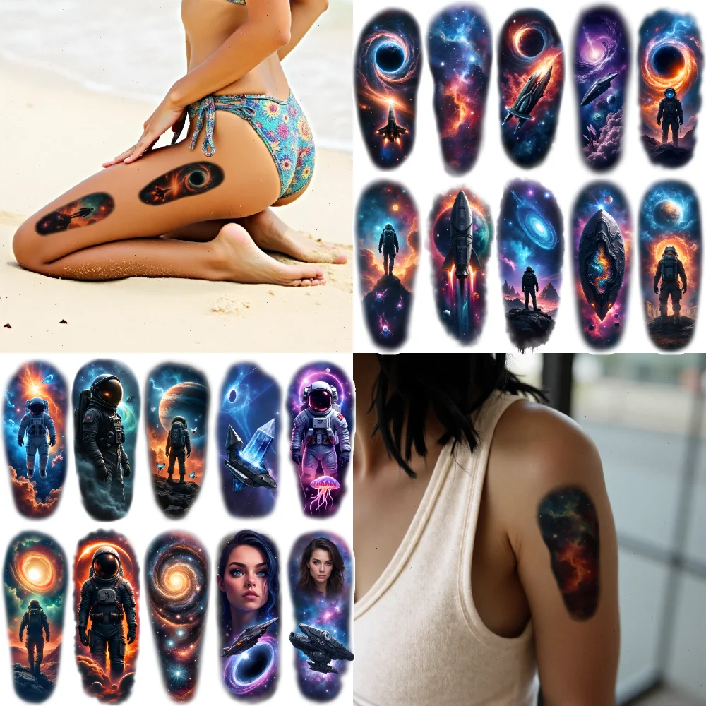 Autocollants de tatouage temporaire, 12 pièces, imperméables, longue durée, pour le corps, galaxie, astronaute, univers réaliste coloré pour femmes, bras