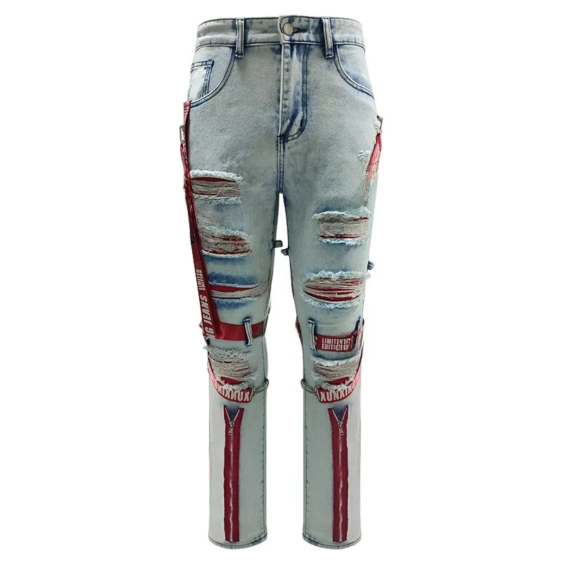 Trendy Men's Jeans with Patchwork Tapestry Hole Punching Slim Fit Zipper Casual Cotton Long Pants Metal Decoration