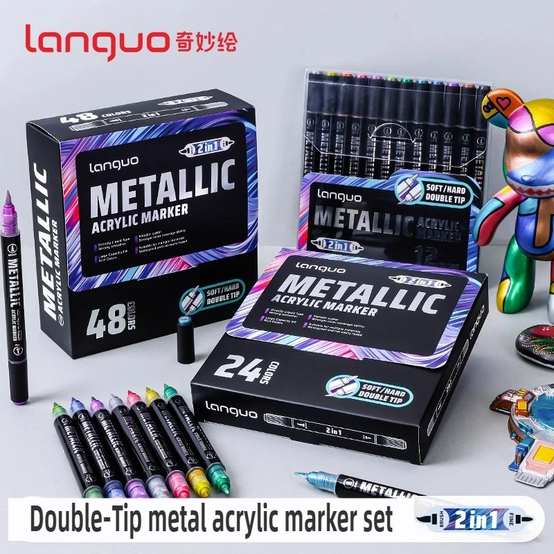 LANGUO 48/12 Metal Colors Dual Tip  Direct Liquild Markers No Bleed Overlay Soft Tip Art for DIY School Supplies Stationery