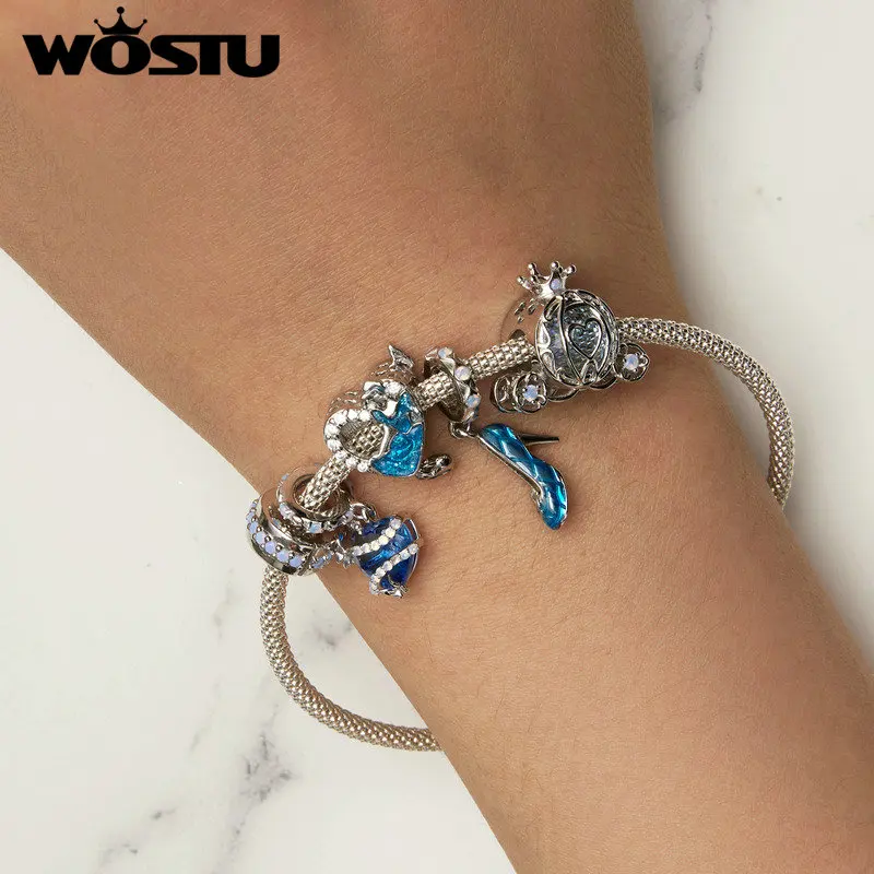 WOSTU 925 Sterling Silver Pumpkin Carriage Bead Ball Dancing Shoes Hearth Pendant for Women Fit Bracelet Necklace Fine Jewelry