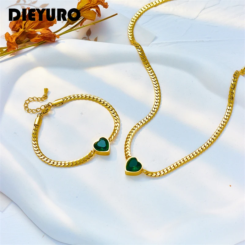 DIEYURO 316L Stainless Steel Heart-Shaped Green White Crystal Pendant Necklace Bracelet For Women Fashion Jewelry Set Party Gift