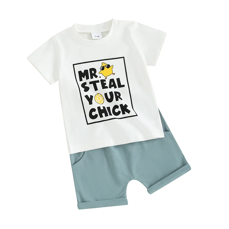 2Pcs Baby Boy Easter Outfits Short Sleeve Chick Letter Print Tops Shorts Set Newborn Clothes