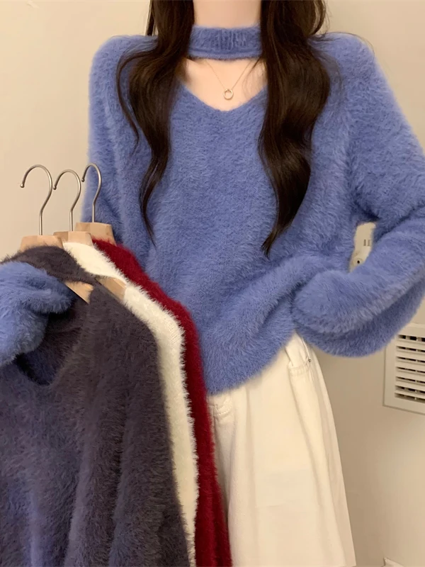 

Spring Autumn Thiened V-ne Sweater Women's Loose Outerwear Knitted Top Mink Velvet Lazy Sle Casual Sweet Sle Cotton B...