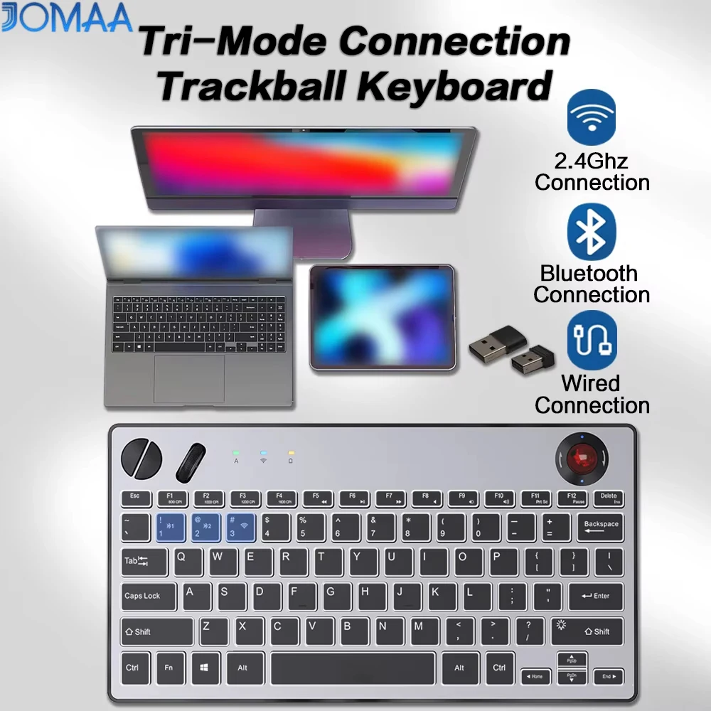 JOMAA Backlit Tri-Mode Wired Keyboard with Trackball Air Mouse 1600dpi Bluetooth Trackball Keyboard for TV iPad Phone Laptop