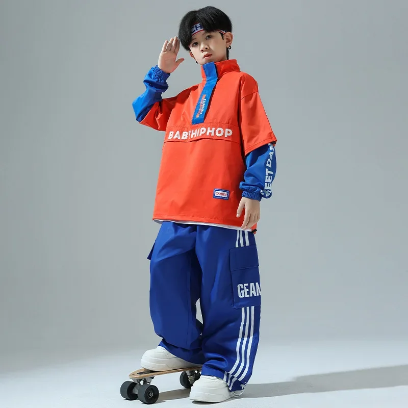 Vêtements Kpop Hip Hop pour enfants, haut court Orange, Streetwear Cargo Jogger, pantalon bleu pour filles et garçons, Costume de danse Jazz