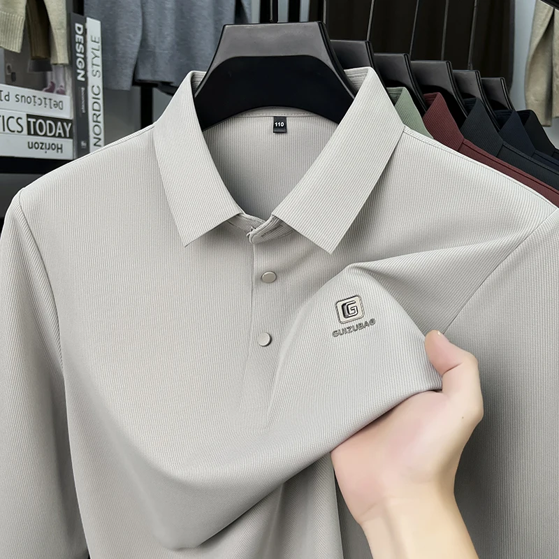 الراقية العلامة التجارية إلكتروني تنقش طويلة الأكمام قميص بولو الرجال أزياء جديدة نمط الراحة الأعمال عارضة الربيع الخريف التلبيب تي شيرت #3