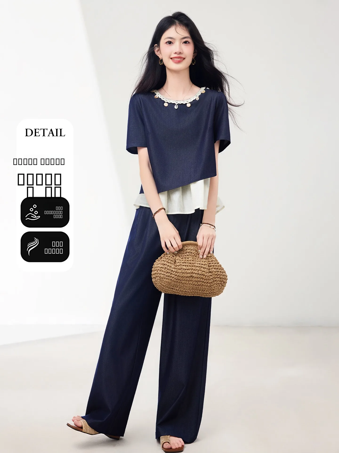 

Faionable повседневный комплект с широкими брюками ort Sve round Ne, костюм из двух предметов, летнее новое поступление, комплект одежды Xinfei YU