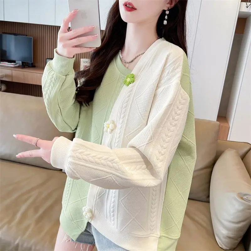 Women Korean Fashion 3D Flower Sweet Chic Asymmetrical Y2K Sweatshirt Female Casual V Neck Long Sleeve Loose Contrast Color Tops