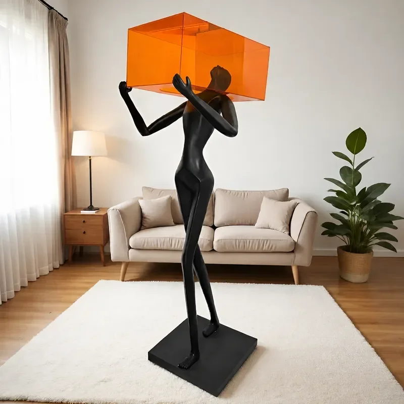 Humanoid Art Sculpture Holding Ball Floor Statue Creative Decorative Ornament for Living Room Lobby Home Interior Design