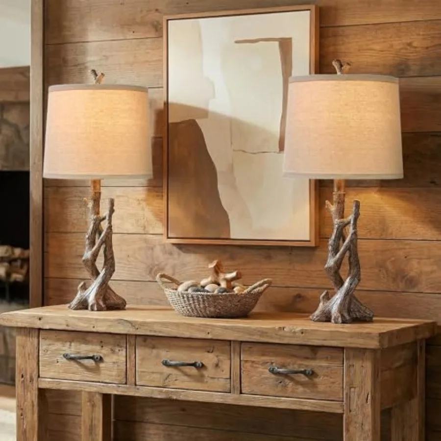 

23" Rustic Farmhouse Table Lamp Country Cottage Lamps for Nightstand Tree Trunk Wood Grain Lamp for Bedroom Living Room with Oa