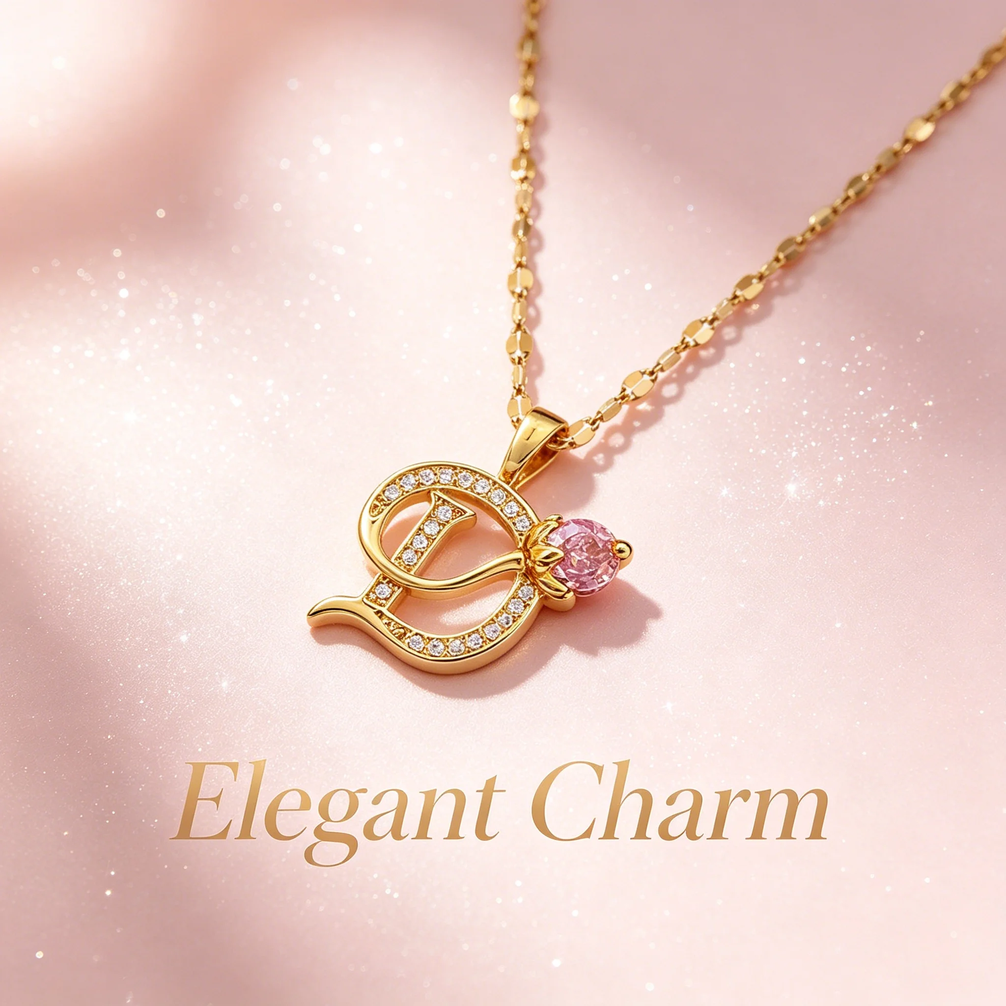 Initial Letter D Pendant Necklace, White Sparkling Accents Pink Flower Personalized Jewelry Gift for Women & Girls