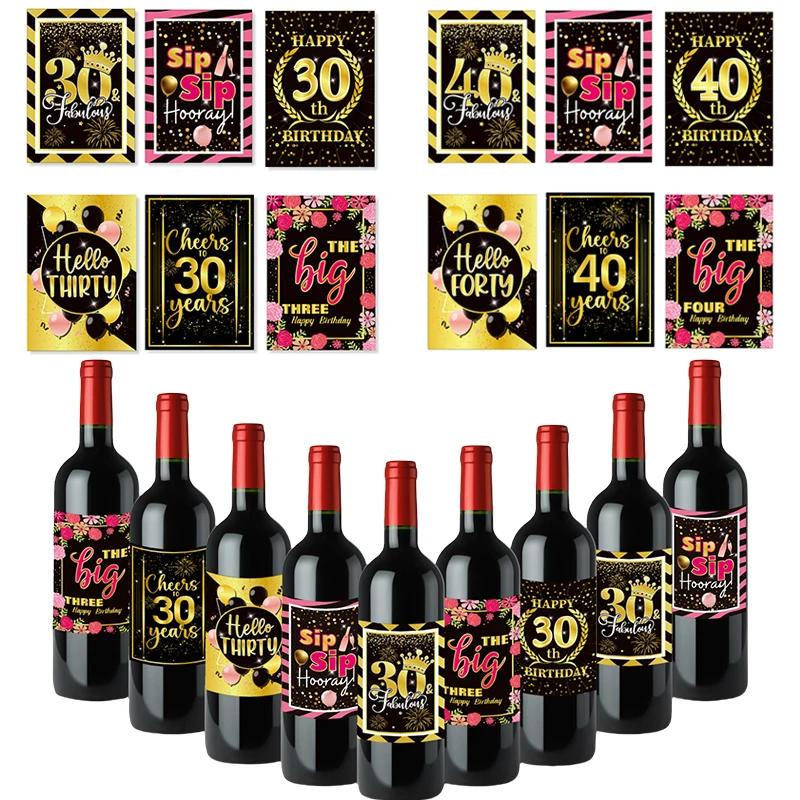 6pcs 30 40 50 60th Black Gold Happy Birthday Wine Bottle Sticker Label Adult Birthday Party Celebrations Anniversary Decoration