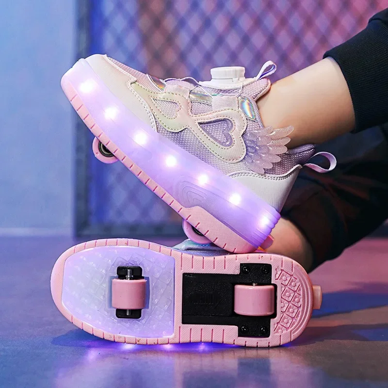 New Children Wheels Luminous Sneakers Girls Roller Skate Running Shoes Pupil Kids Shining Rotating Buttons Shoes Trend Summer