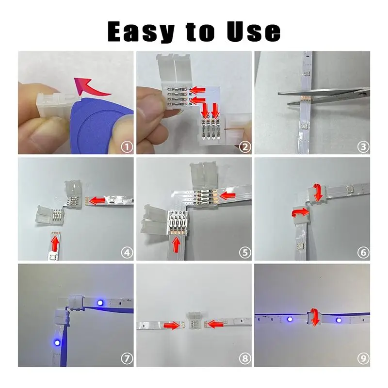 A64K LED Strip Connector Kit for 5050 10Mm 4Pin, L Shape 4-Pin LED Connectors , Solderless LED Strip Accessories for DIY