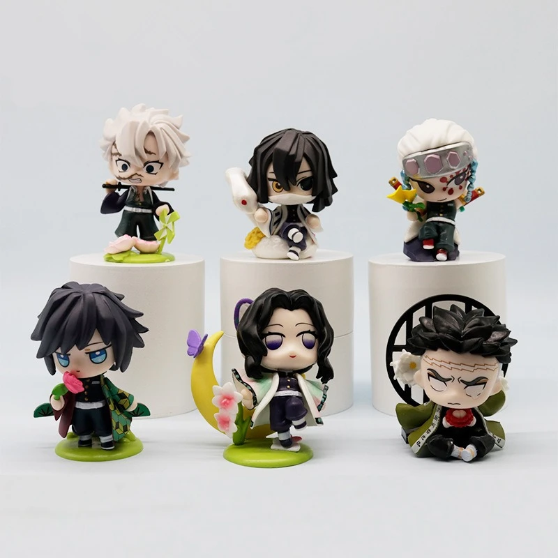 6-teiliges Set süßer Demon Slayer-Figuren, Geburtsblume, 9 cm große Anime-Figuren, Nezuko und Tanjiro, bewegliche PVC-Desktop-Ornamente