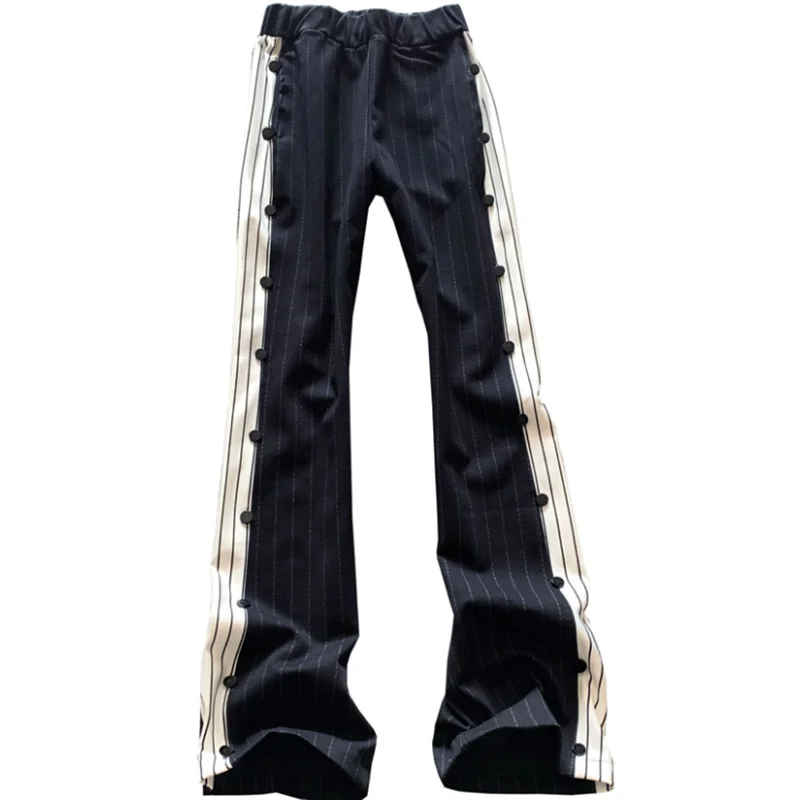 New loose straight mopping trousers stitching striped high waist wide leg casual pants women