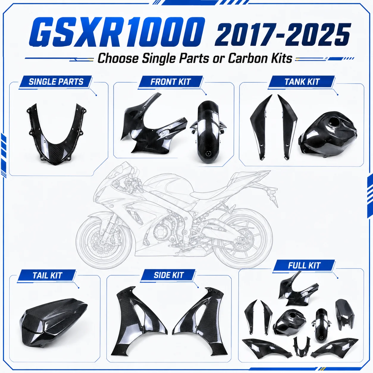 Carbon Fiber Parts Fairing Cover Tank Side Panels Seat Cowl Front Fender for Suzuki GSXR1000 GSX-R1000R 2017-2025 Motorcycle Kit