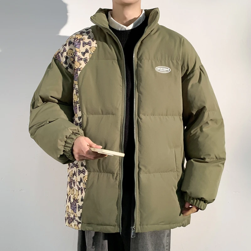 

Men's Thiened Winter Cotton Jaet 2024 New Sle Bear Patchwork Stand Collar Warm Coat Trendy American Retro Design