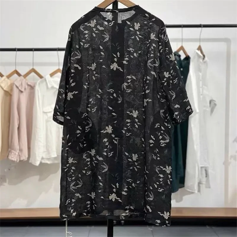 Chemisier en lin à imprimé floral rétro pour femmes, chemise élégante à simple boutonnage, col rond, manches 3/4, niche ary