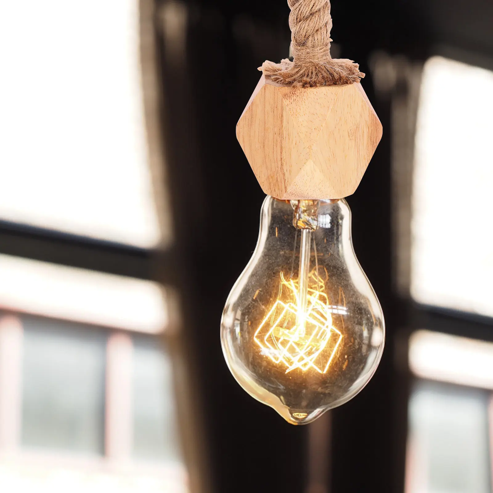 Wooden Pendant Light with Hemp Rope – Vintage Style Lamp Socket for Living Room, Dining Room & Bedroom