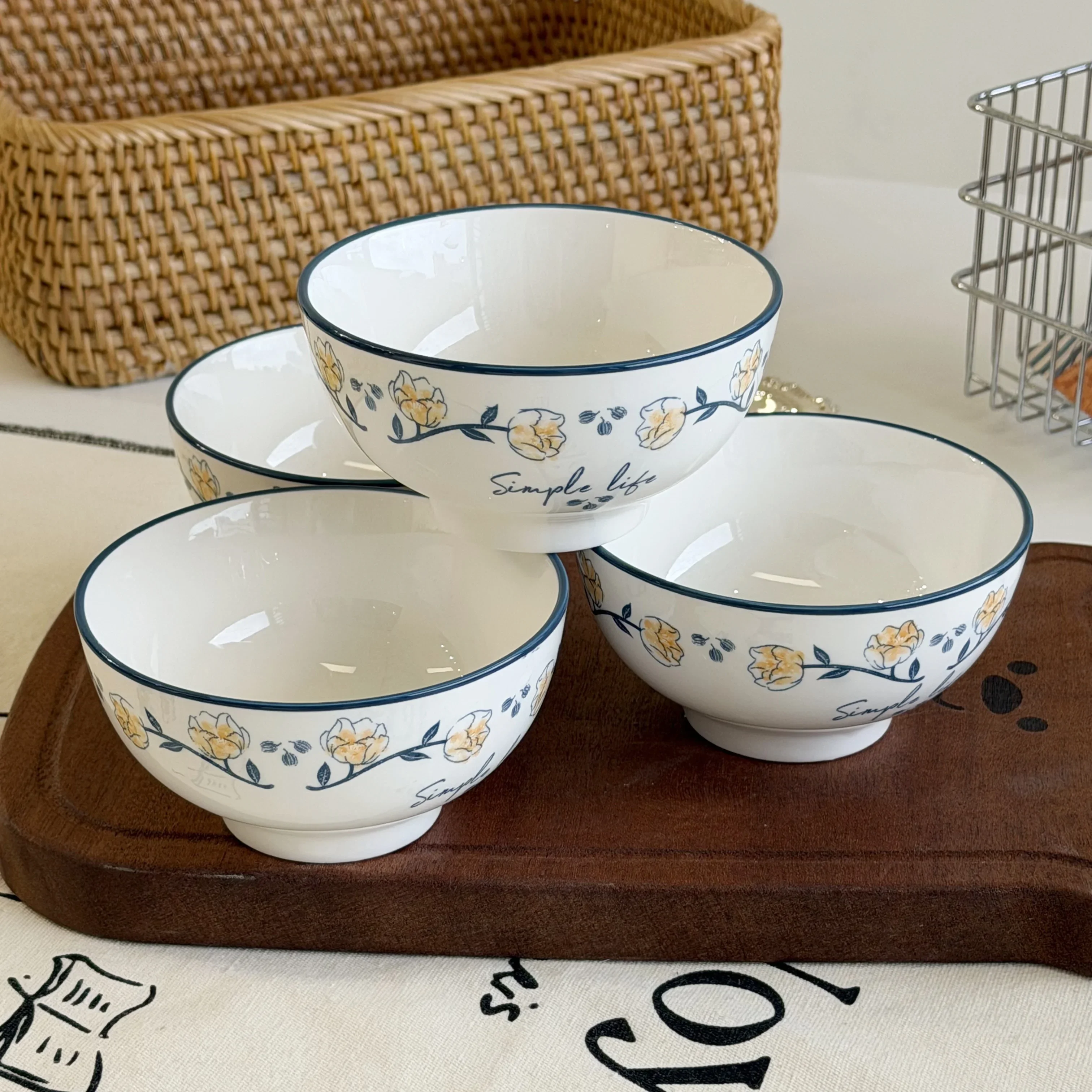 4-Piece Japanese Style Hand-Painted Floral Ceramic Bowl Set, 4.4 Inch, Multi-Purpose, Dishwasher & Microwave Safe
