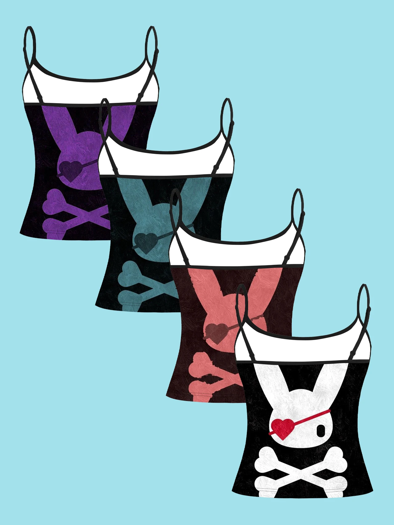 4-Piece Set Y2K Retro Distressed Heart Eye Mask Rabbit Skull Crossbones Women's Camisole Colorful Rabbit Pattern Slim-Fit Spaghetti Strap Short Camisole Top