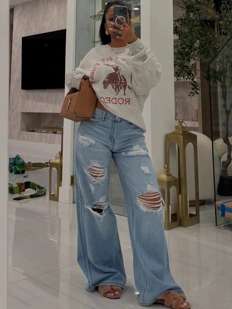 Women High Waist Wide Leg Pants Hole Straight Pants Long Jeans Casual Trendy Trousers 2025 Autumn Winter New Denim Trousers