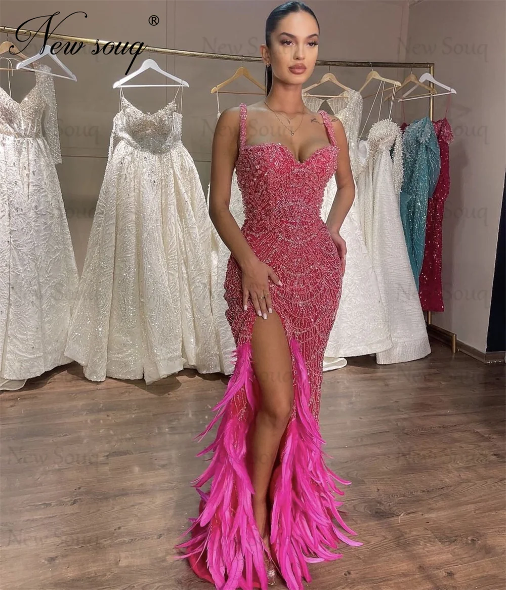 

Fuchsia Beading Party Dresses Haute Coutures Crystals Split Side Evening Dresses Arabic Dubai Feathers Long Cocktail Gowns Robes