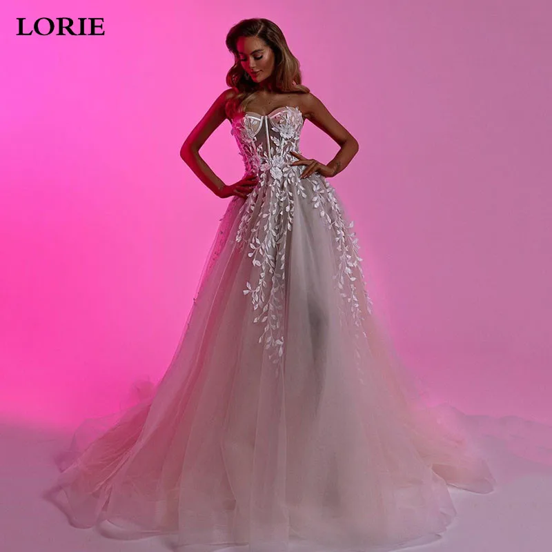 LORIE Romantic Lace Wedding Dresses A Line Strapless Sweetheart Neck Lace Appliques Bride Dress Puff Tulle Wedding Gowns 2024