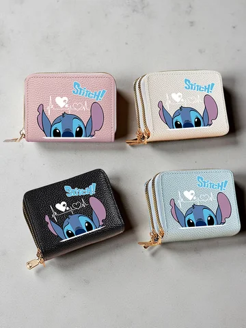 Stitch Design PU Leather Wallet – Double Zipper Short Coin Purse with Card Slots, Cute Cartoon Style, 4 Colors Available
