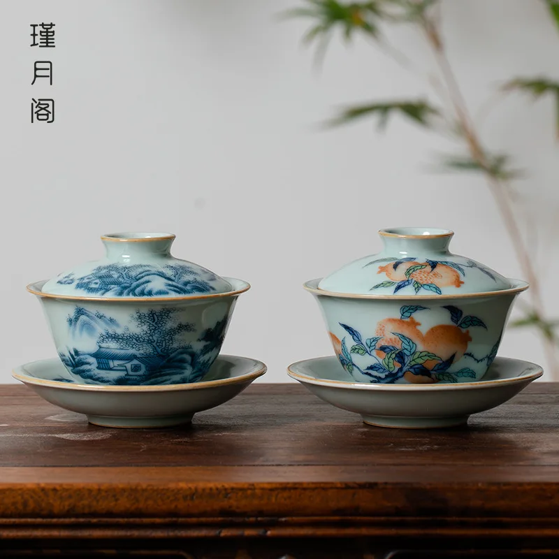 Azure Ru Ware Longevity Peach Gaiwan Gracked Glaze Supportable Single Large Blue and White Ru-Porcelain Household Porcelain Set