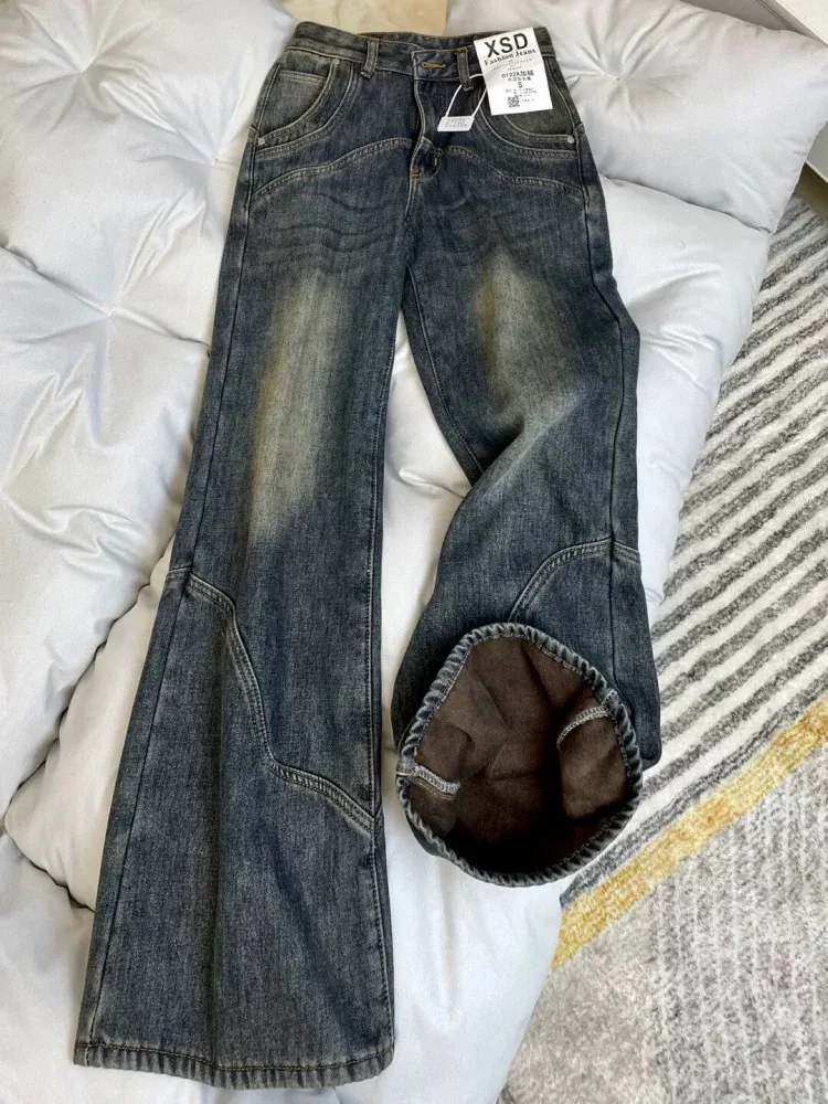 

Retro American Design Men's Fce Lined Straight Leg Jeans Thiened Casual Trousers Winter New Sle Loose Wide Leg Jeans