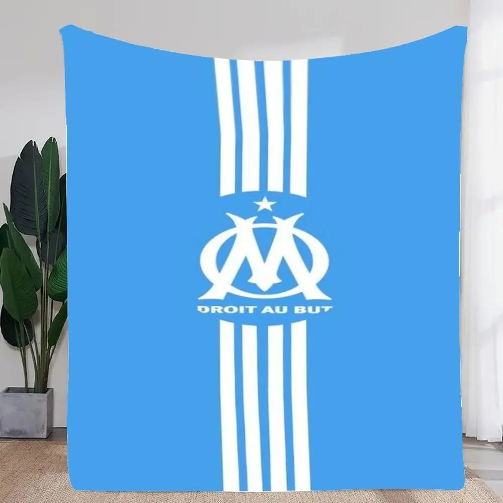 Minimalist Blue and White Striped Throw Blanket with Interlocking 'M' Emblem and 'DROIT AU BUT' Text - Soft and Cozy Lightweight