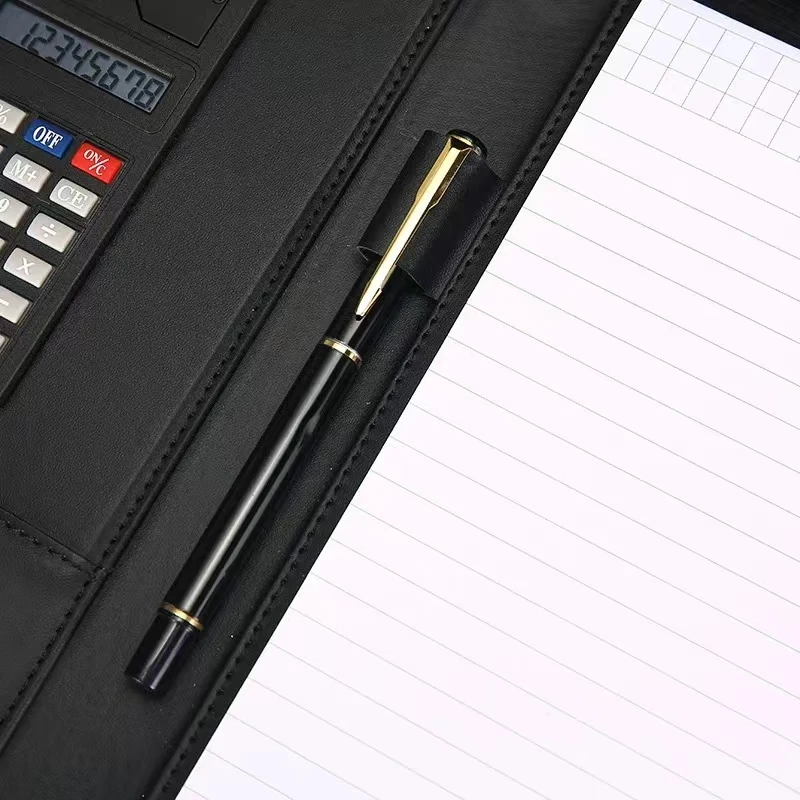 Cartella portadocumenti portatile A4 con calcolatrice Organizzatore Business Manager Cuscinetti per documenti per ufficio Valigetta Borsa padfolio con fibbia in pelle PU