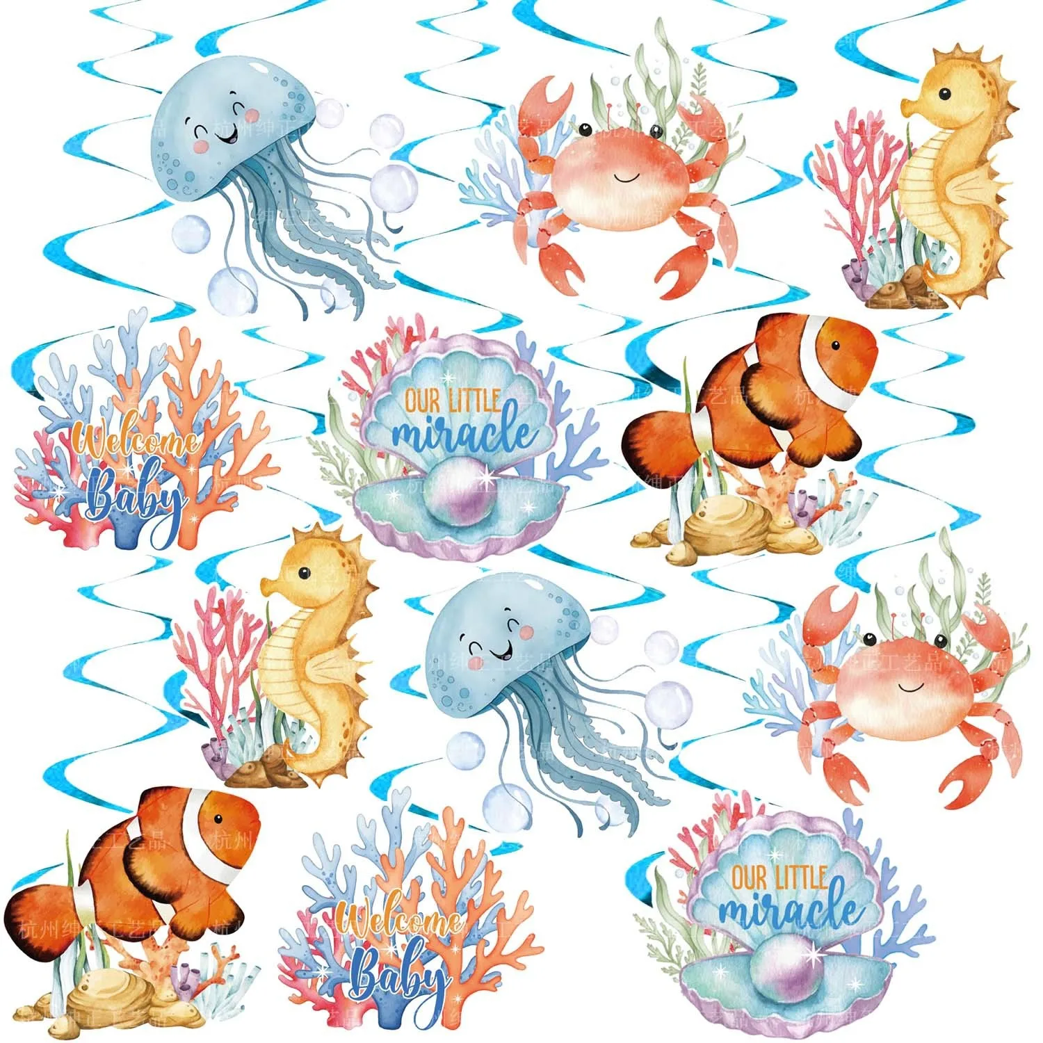 Guirlandes de bienvenue pour bébé avec animaux marins de dessin animé, spirales suspendues sous la mer, pour anniversaire ou baby shower, notre petit miracle