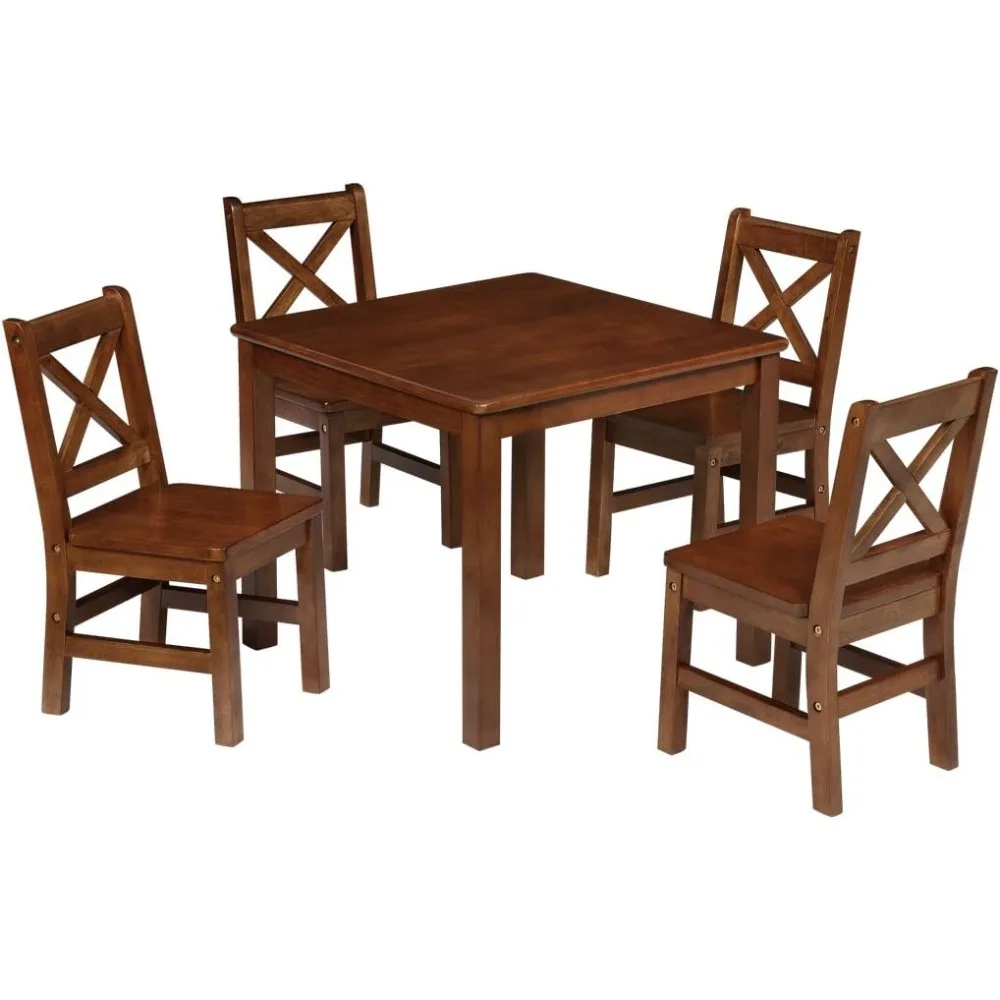 Solid Hard Wood Kids Table and Chair Set (4 Chairs Included), Coffee, 5 Piece Set