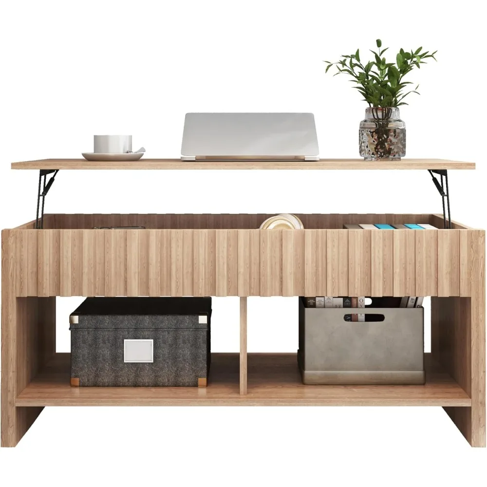 Mesa de centro de madera de elevación pequeña, estante de almacenamiento oculto grande con mesa de elevación, muebles decorativos