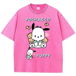 Pochacco Puppy Sanrio T Shirt Womans Summer American Retro Cotton o-collo Tee Shirt di alta qualità Casual Cartoon Tees Tops