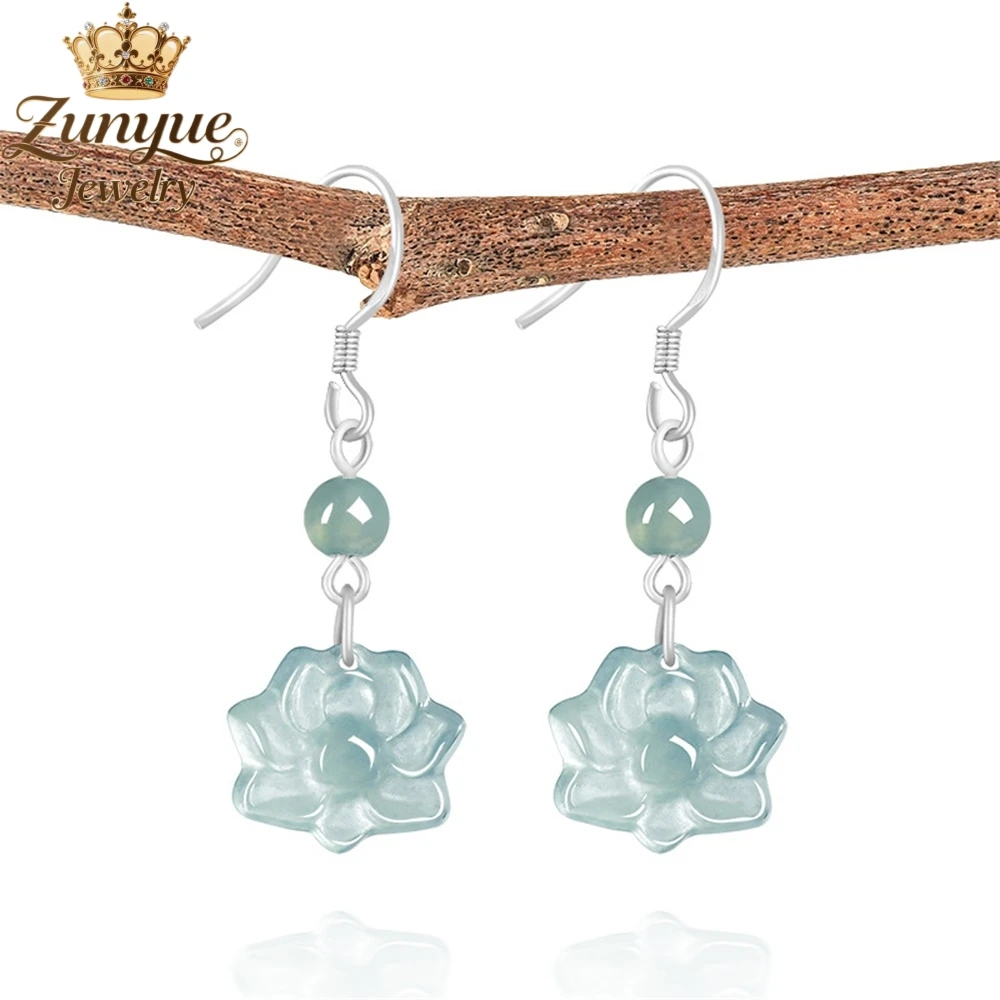 

S925 Silver Inlaid Natural A-Grade Jade Blue Water Lotus Earrings Luxury Quality Jewelry Fashion Jewelry Charms Elegant Popular