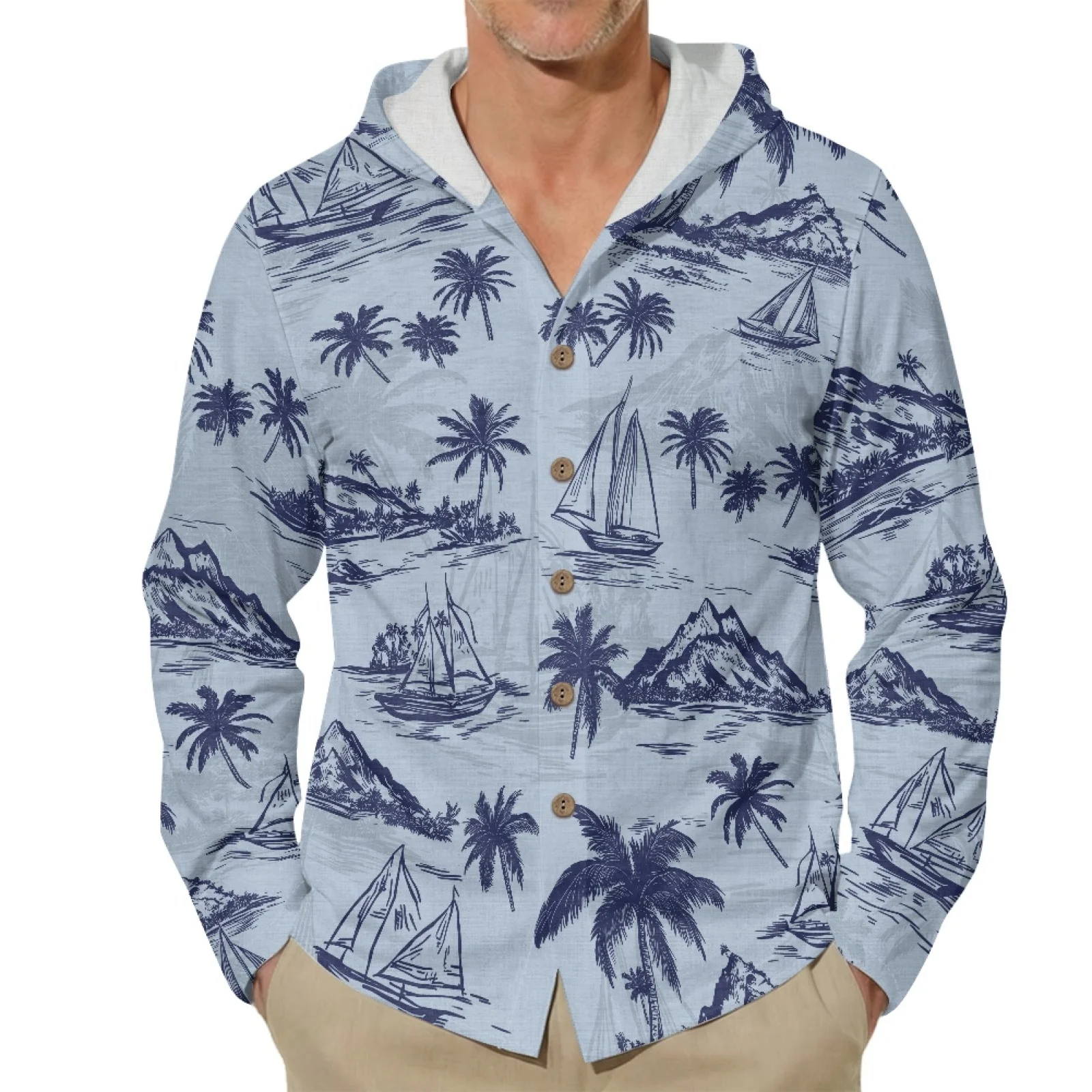 PENSTROLL Button Front Linen Style Hawaiian Fashion Tops Collared Men's Hoodie for Spring Palm Tree Sailboat Pattern