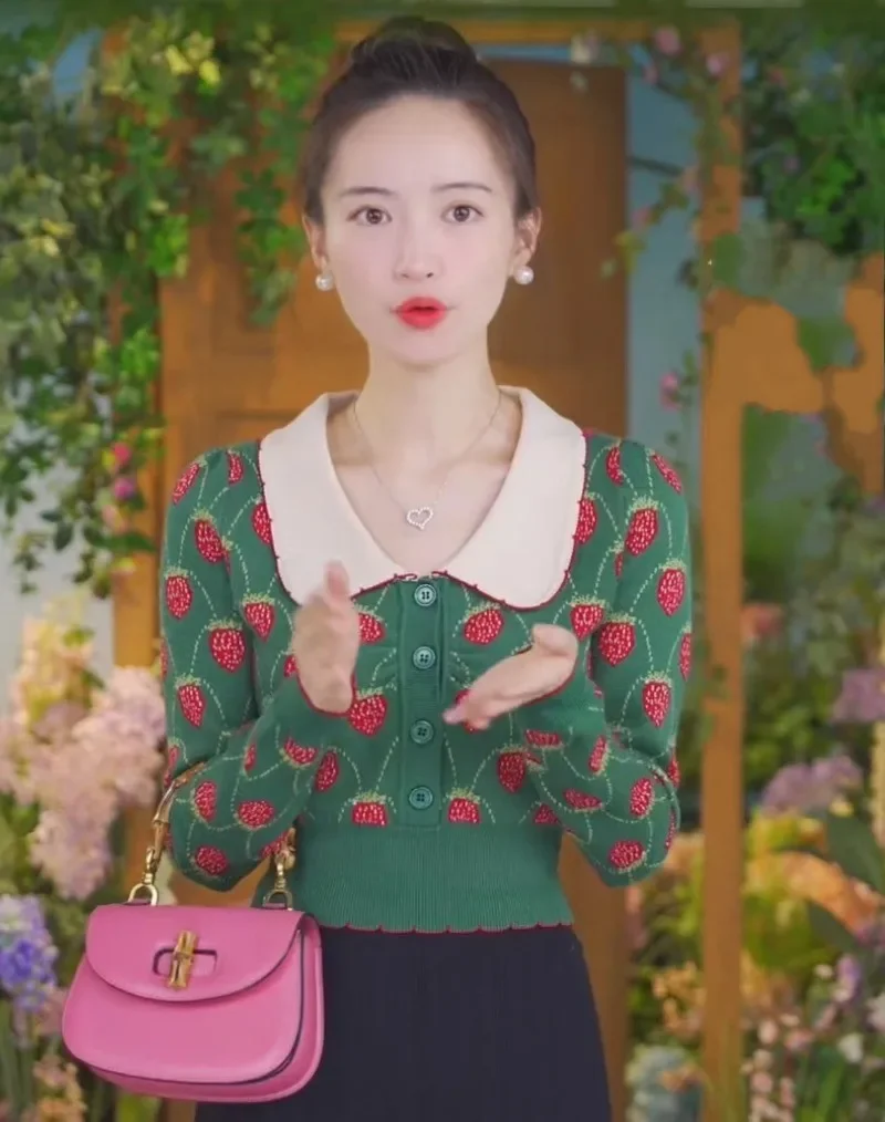 Green Strawberry Jacquard Pullover Sweater Women Knitted Crop Tops Autumn Contrast Peter Pan Collar Long Sleeve Knitwear Jumper