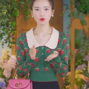 Pulôver Jacquard de manga comprida feminino, Tops de malha, Colarinho Peter Pan, Morango Verde, Jacquard, Jumper de Malha, Outono 10 principais vendas sueter gola peter pan - №1