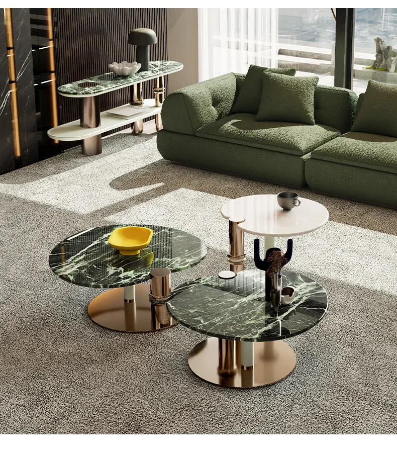 

Итальянский современный светлый роскошный натуральный мрамор/офицированный овальный бамбуковый журнальный столик специальной формы, комбинация приставного столика