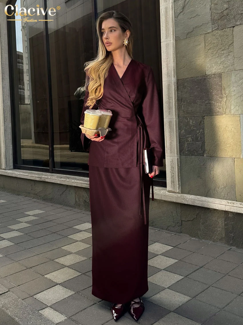 Clacive Fashion Loose Wine Red Women's Two Pieces Set 2025 Elegant Long Sleeve Lace-Up Shirt With High Waist Long Skirt Set